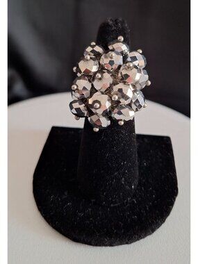 Vintage Silver Tone Beaded Cha Cha Cluster Ring - Adjustable Statement Cocktail